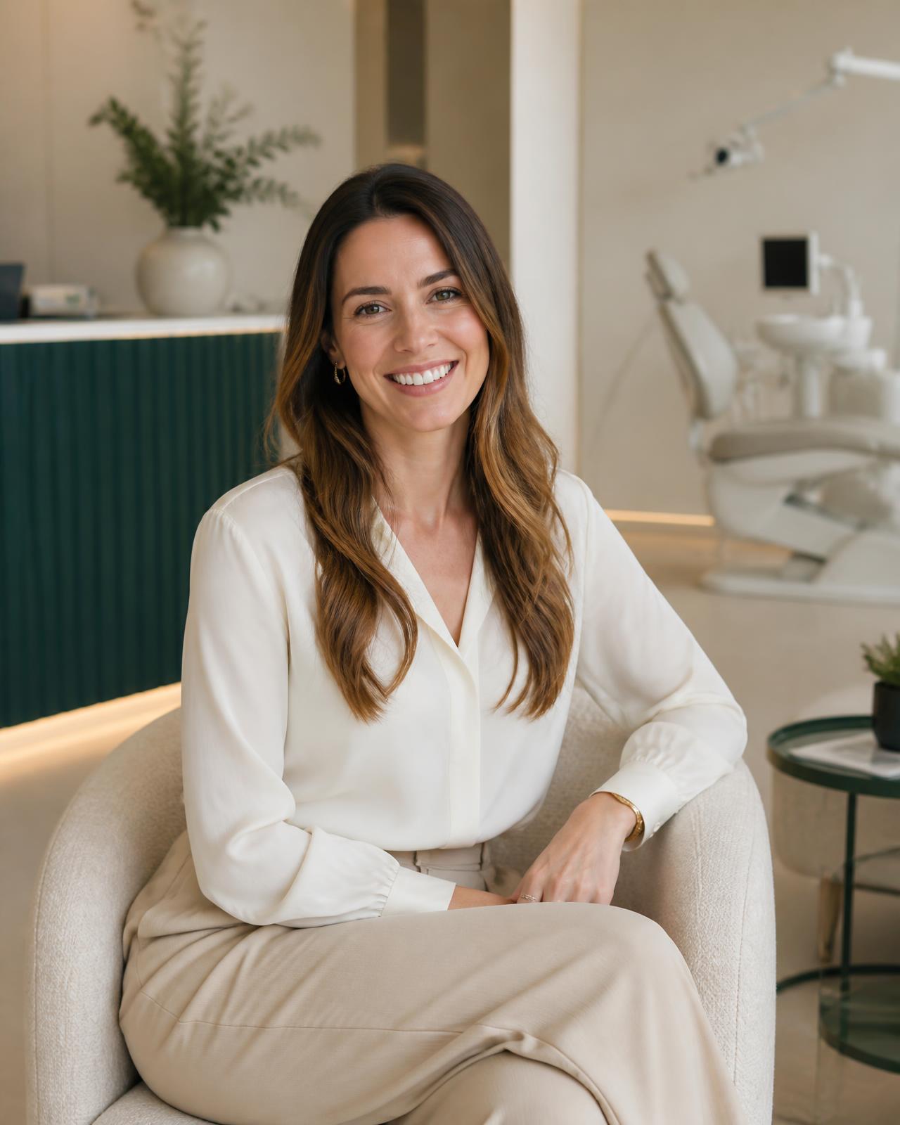 Paciente sorrindo naturalmente na recepção da clínica Luméa Odontologia